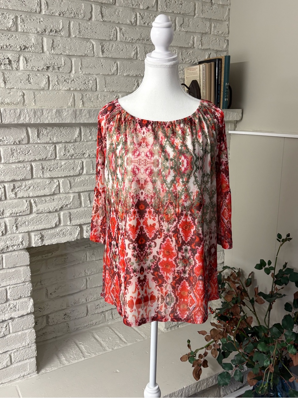 Tribal Fashion Nectar Ikat Print 3/4 Bell Sleeve Scoop Neck Tunic Top XS